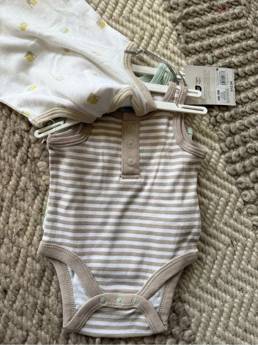cloud island White, Beige & Mint Snail Print Tank Bodysuits - 3 Pack newborn